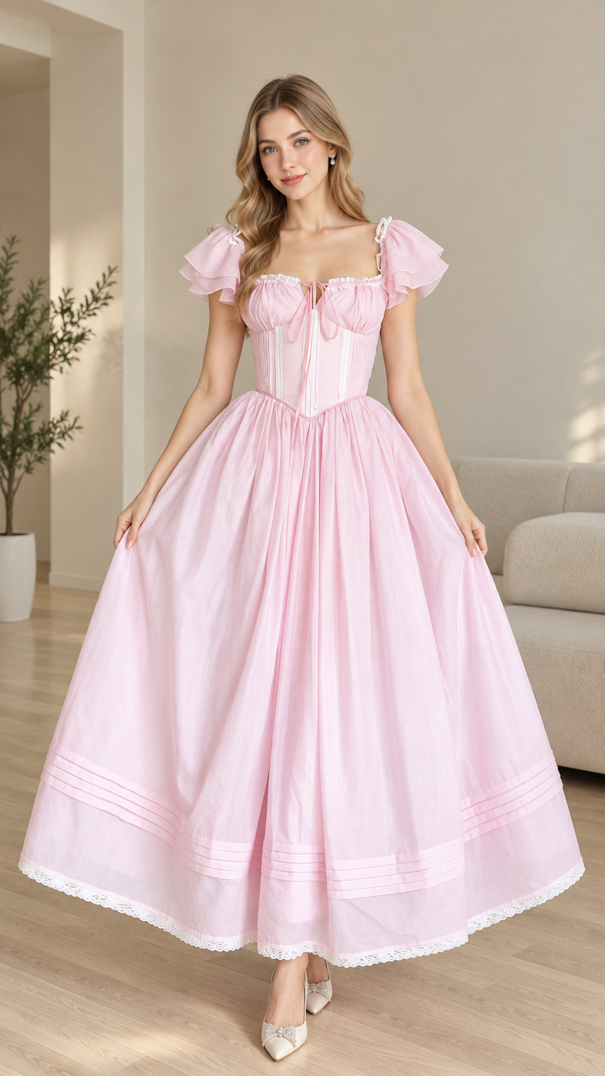 Front full view of woman wearing pink corset bodice flutter sleeve maxi dress