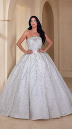 Front view of model wearing a sparkling silver white strapless ball gown with beaded bodice