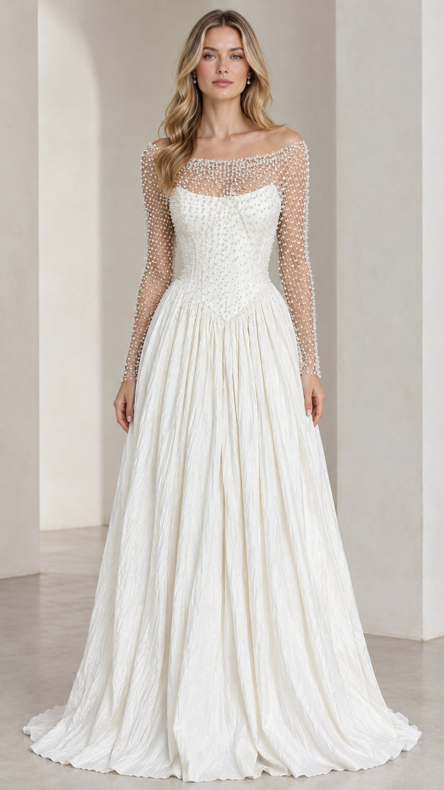 Front view of ivory white pearl-embellished illusion long sleeve evening gown