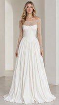 Front view of ivory white pearl-embellished illusion long sleeve evening gown