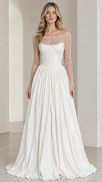 Front view of ivory white pearl-embellished illusion long sleeve evening gown