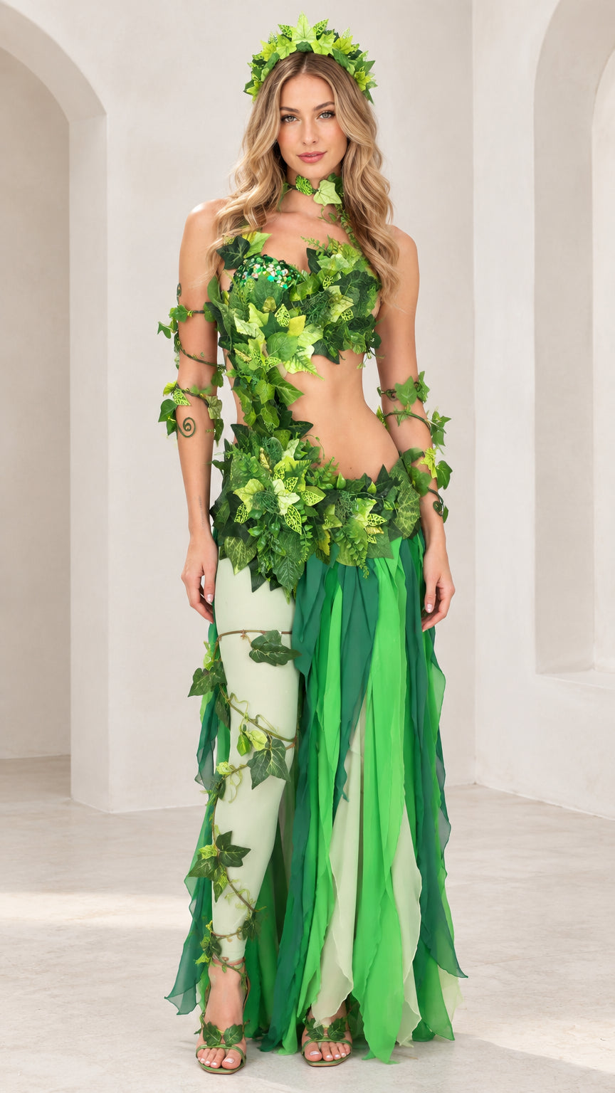 Front full-length view of the green ivy leaf two-piece costume set with flowing chiffon panels