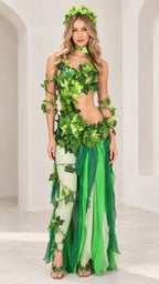 Front full-length view of the green ivy leaf two-piece costume set with flowing chiffon panels