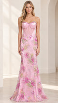 Front view of woman wearing pink strapless corset floral embroidered mermaid maxi gown