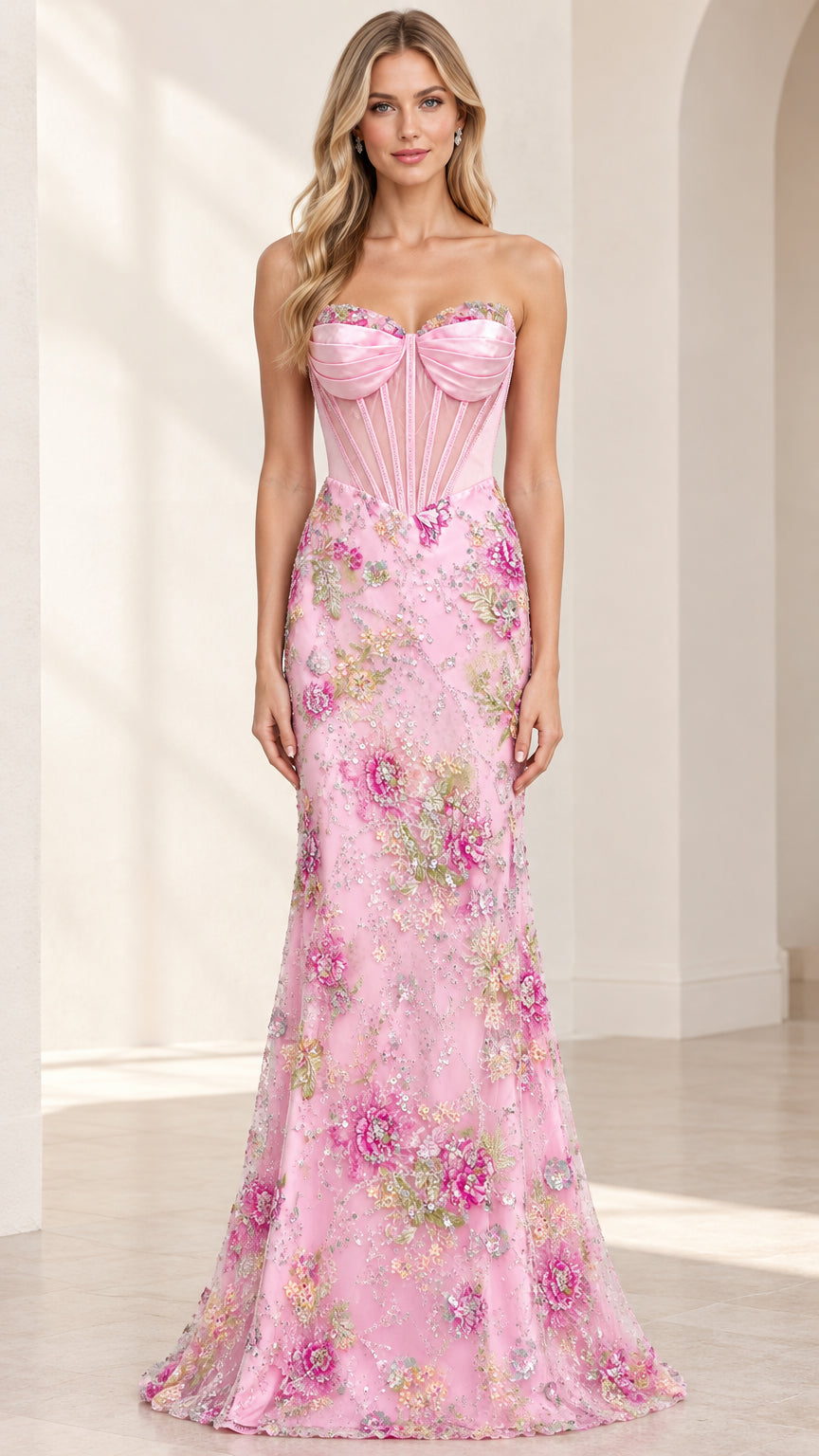 Front view of woman wearing pink strapless corset floral embroidered mermaid maxi gown