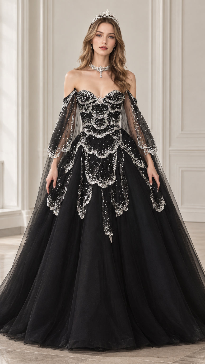 Front view of black off-the-shoulder beaded tulle ball gown with sheer bell sleeves