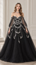 Front view of black off-the-shoulder beaded tulle ball gown with sheer bell sleeves