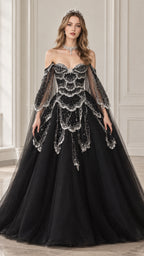 Front view of black off-the-shoulder beaded tulle ball gown with sheer bell sleeves