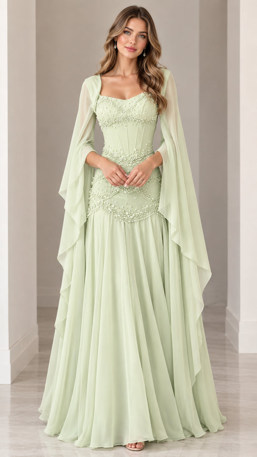 Front full view of woman wearing sage green pearl-embellished evening gown with flowing cape sleeves