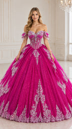 Fuchsia embellished off-shoulder ball gown shown from the front