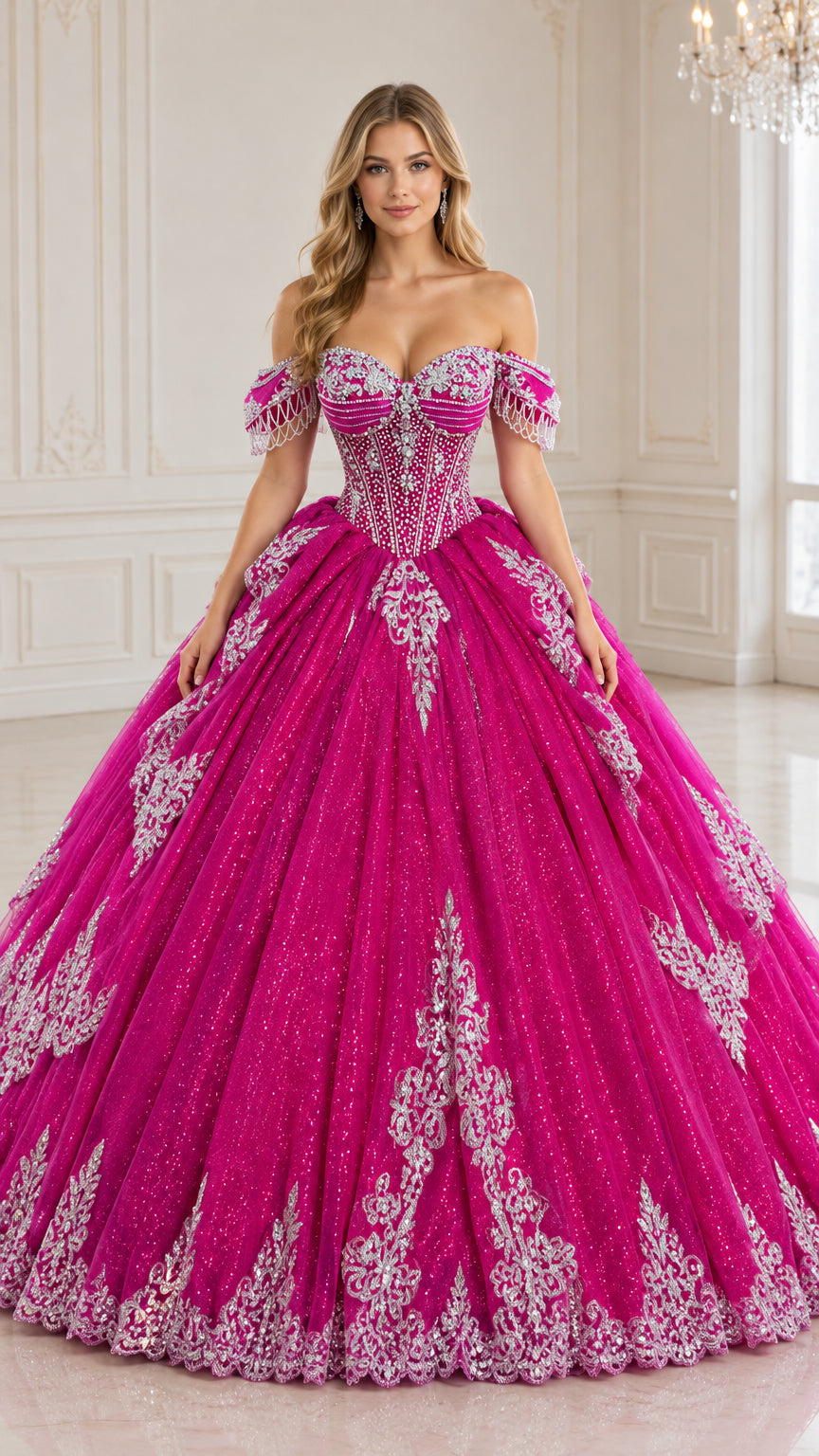 Fuchsia embellished off-shoulder ball gown shown from the front