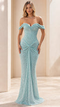 Front view of model wearing Light Blue off-the-shoulder sequin evening gown