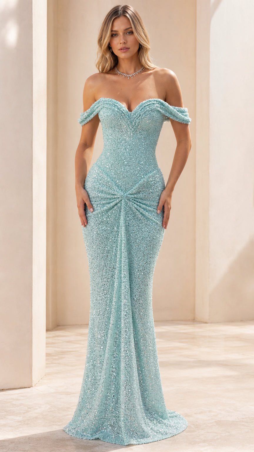 Front view of model wearing Light Blue off-the-shoulder sequin evening gown