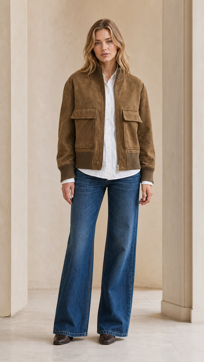 Full front view of model wearing camel brown faux suede bomber jacket with jeans