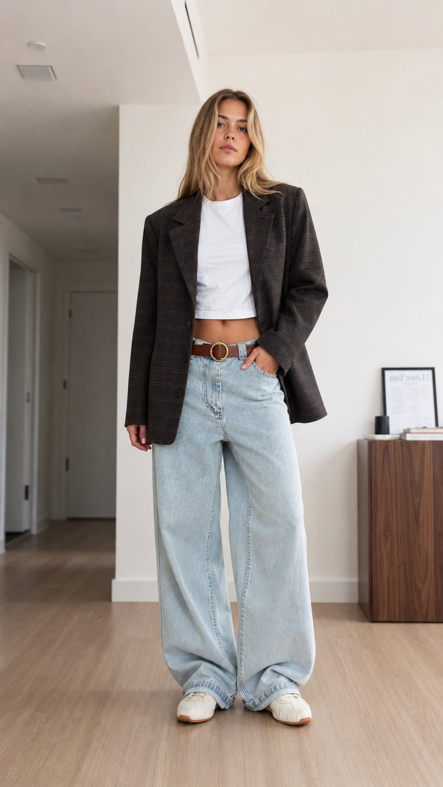 Full front view of model wearing charcoal plaid oversized blazer with wide-leg jeans