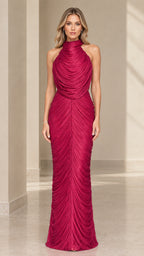 Front view of model wearing magenta high-neck ruched maxi dress with draped cowl neckline