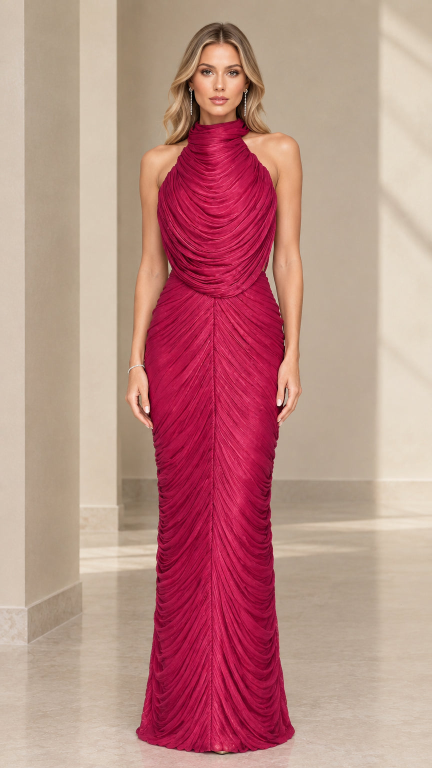 Front view of model wearing magenta high-neck ruched maxi dress with draped cowl neckline