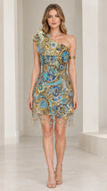 Front full-length view of woman wearing sky blue and gold one-shoulder embellished clock motif mini dress with fringe