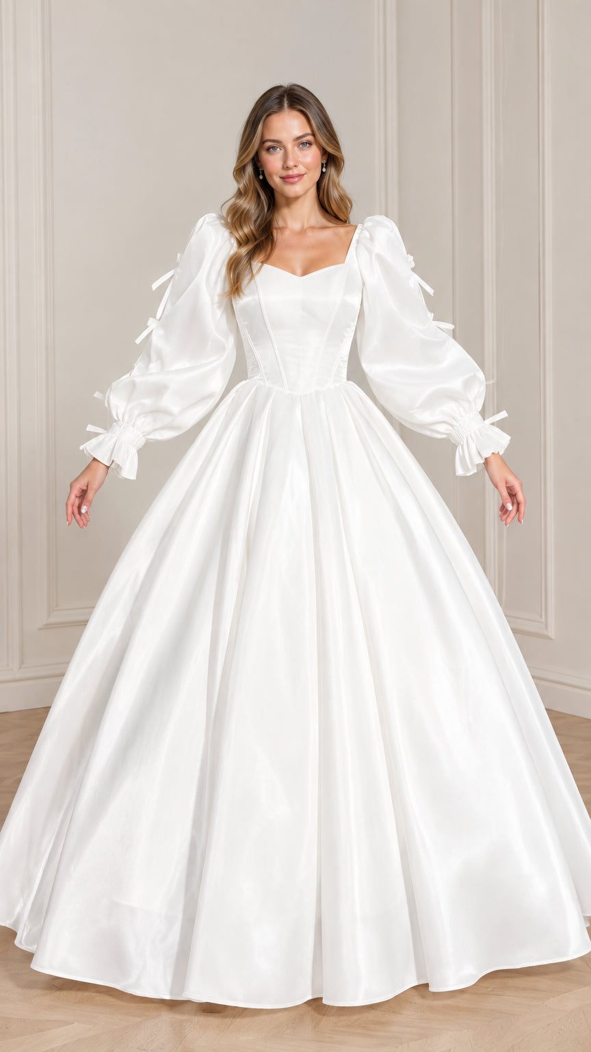 Front view of woman wearing white sweetheart corset ball gown with long lantern sleeves