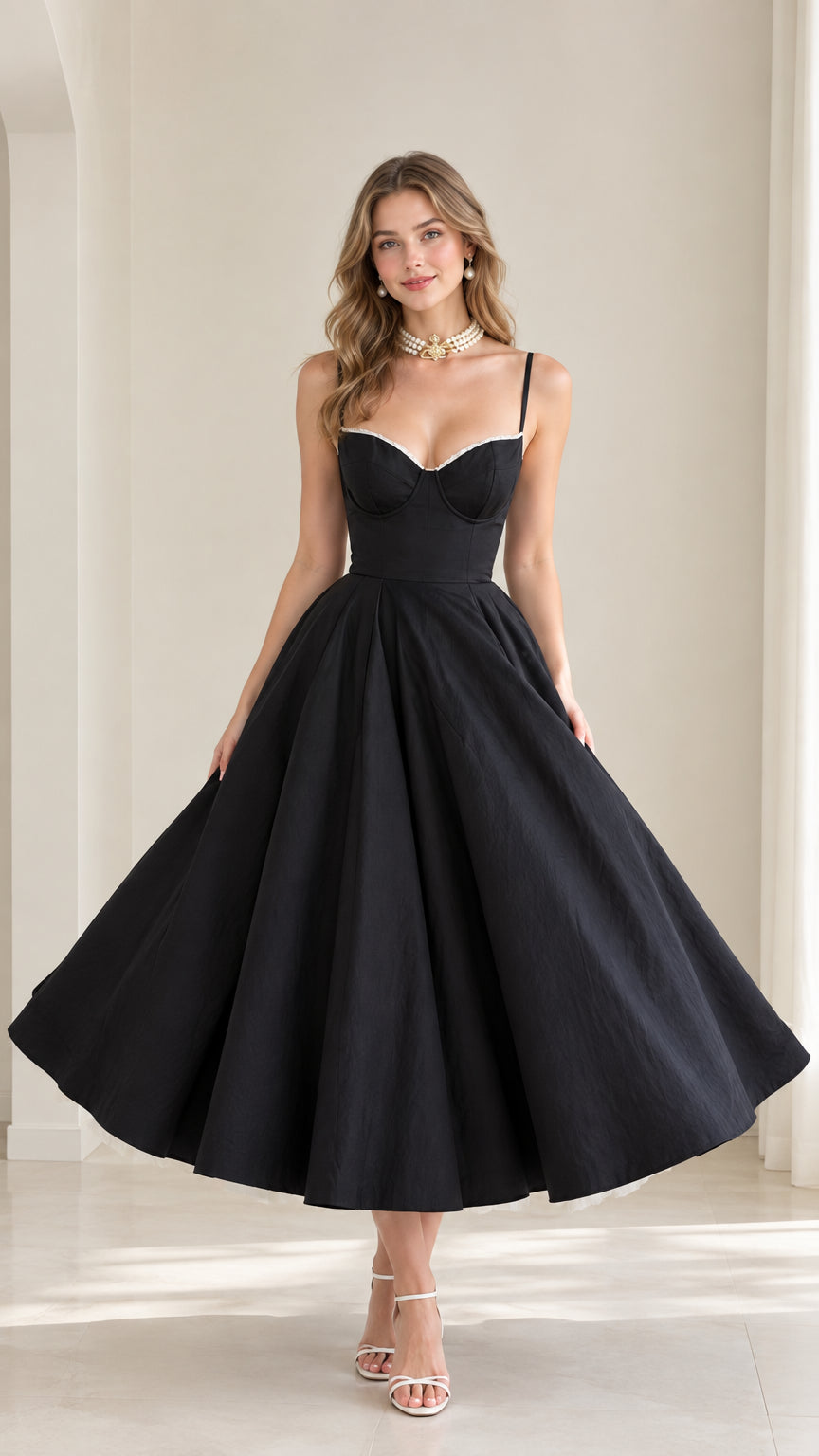 Model wearing black corset sweetheart top and flared full midi swing skirt set