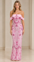 Front full view of woman wearing pink off-the-shoulder beaded maxi evening dress