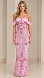 Front full view of woman wearing pink off-the-shoulder beaded maxi evening dress