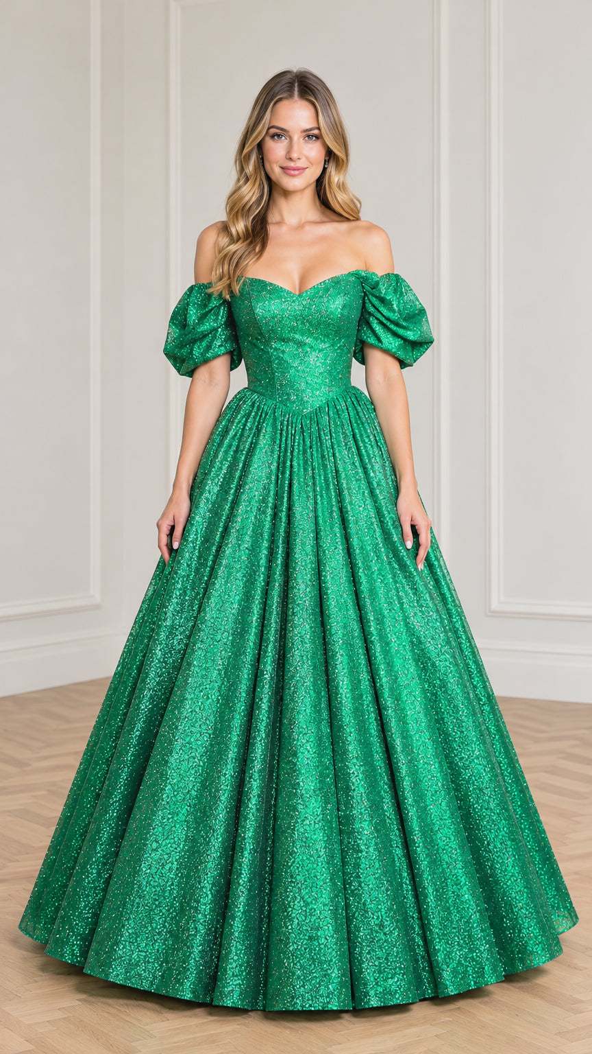 Front view of model wearing emerald green off-shoulder glitter ball gown with puff sleeves