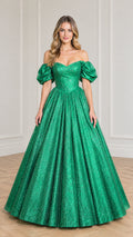 Front view of model wearing emerald green off-shoulder glitter ball gown with puff sleeves
