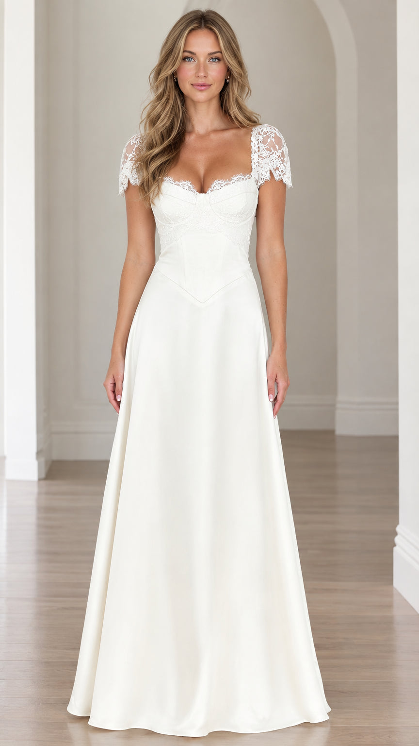 Front view of model wearing ivory lace sweetheart basque waist evening maxi dress