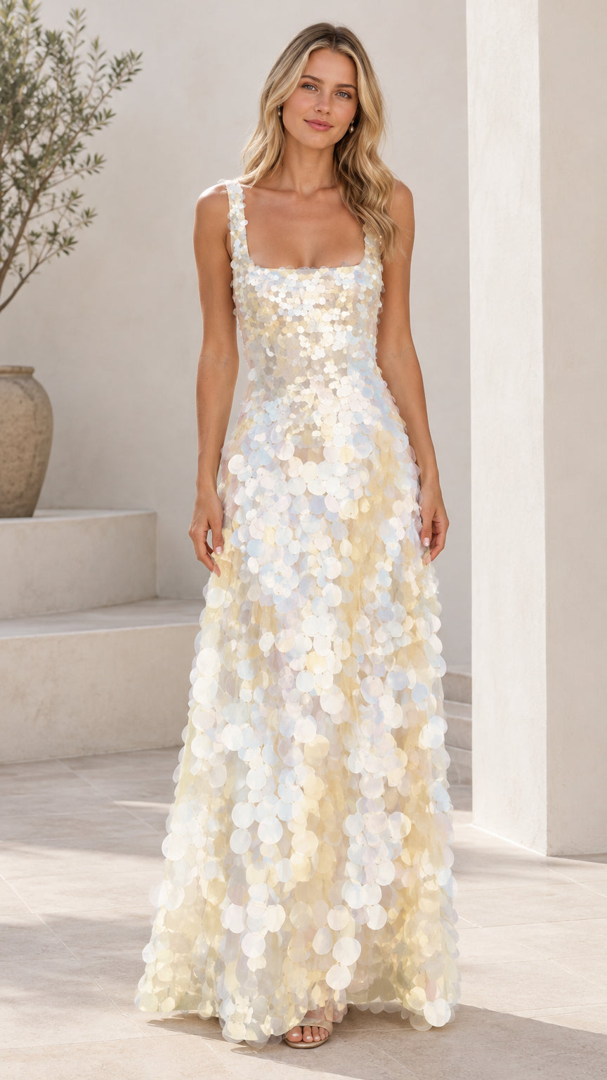Ivory white square neck paillette sequin maxi evening gown front view