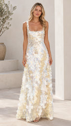 Ivory white square neck paillette sequin maxi evening gown front view