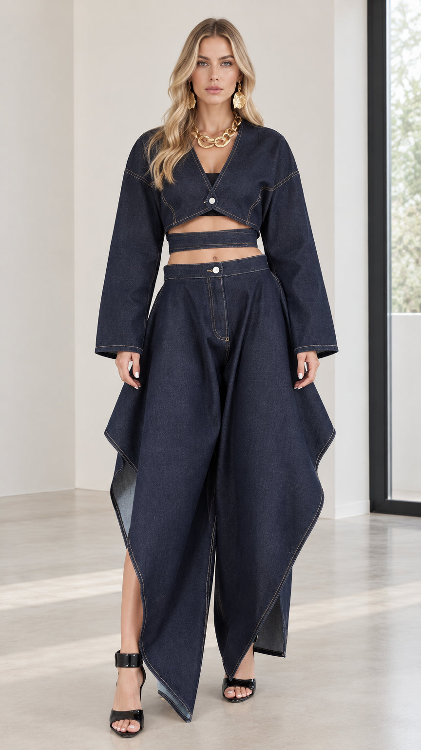 Front view of model wearing dark blue cropped V-neck top and draped wide-leg pants set