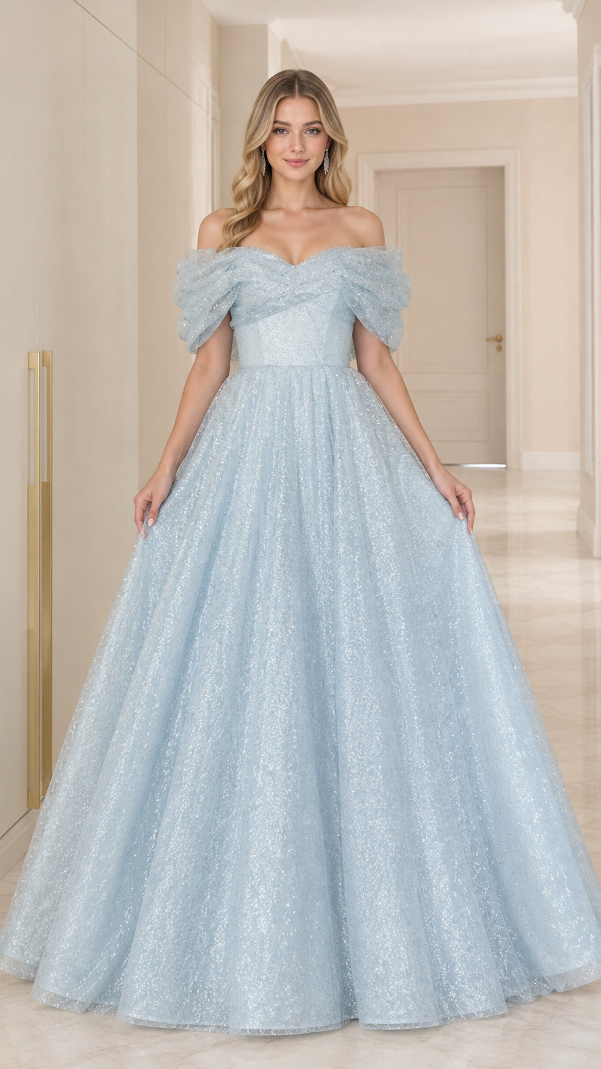 Front view of model wearing light blue off-the-shoulder glitter tulle ball gown