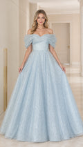 Front view of model wearing light blue off-the-shoulder glitter tulle ball gown