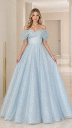 Front view of model wearing light blue off-the-shoulder glitter tulle ball gown