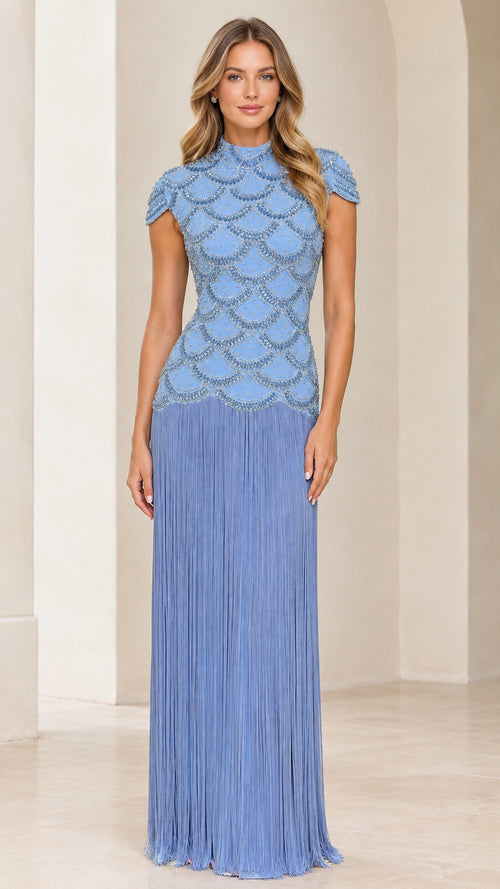 Front view of light blue beaded mock neck cap sleeve maxi gown with fringe skirt