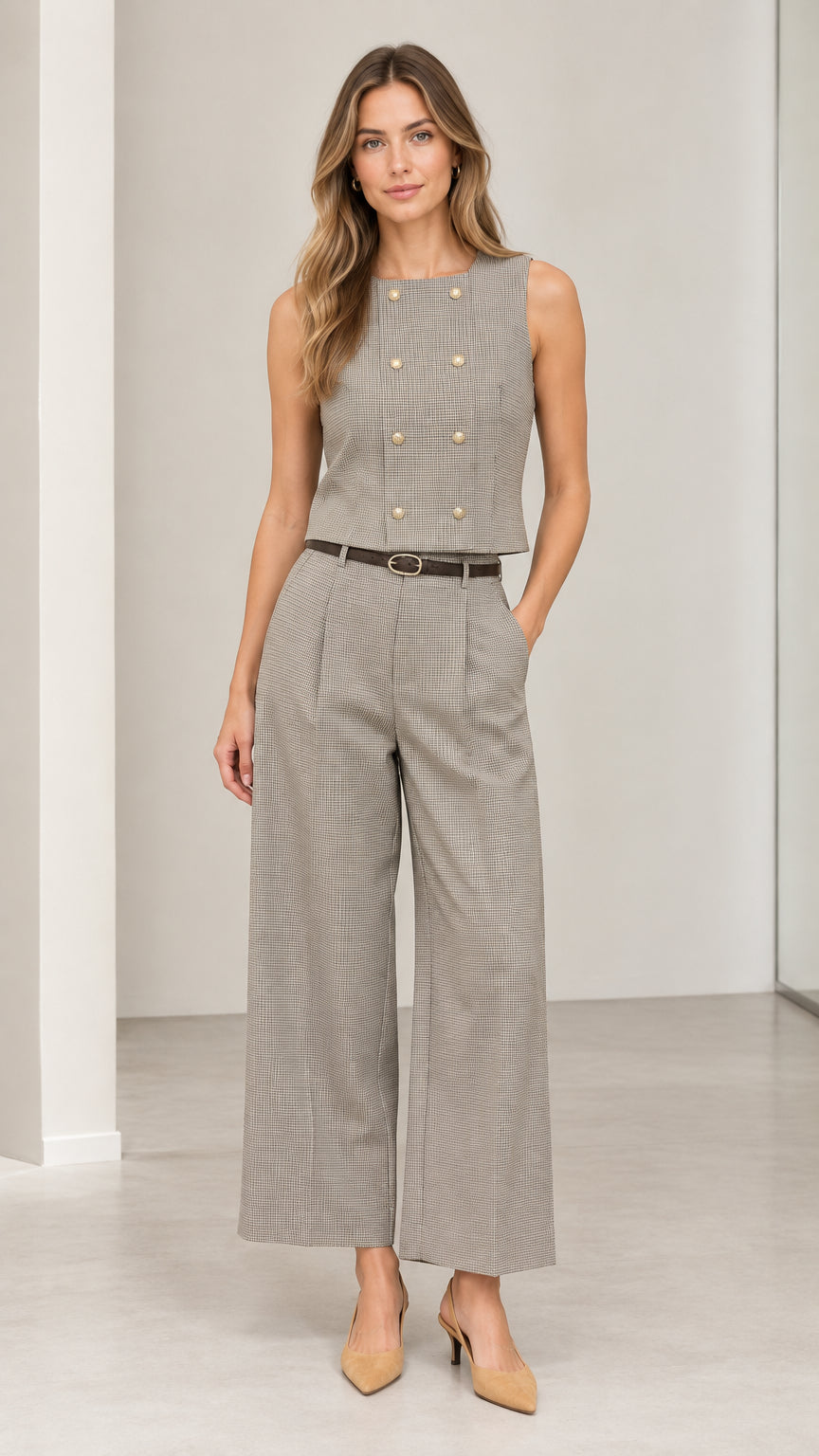 Front full-length view of model wearing grey checked sleeveless vest and wide-leg trousers set with belt