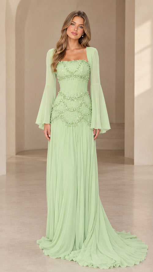 Mint green long evening dress with beaded corset bodice and bell sleeves front view