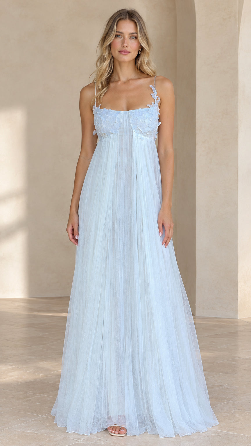 Full front view of model wearing a floor-length light blue pleated tulle maxi dress with floral applique bodice