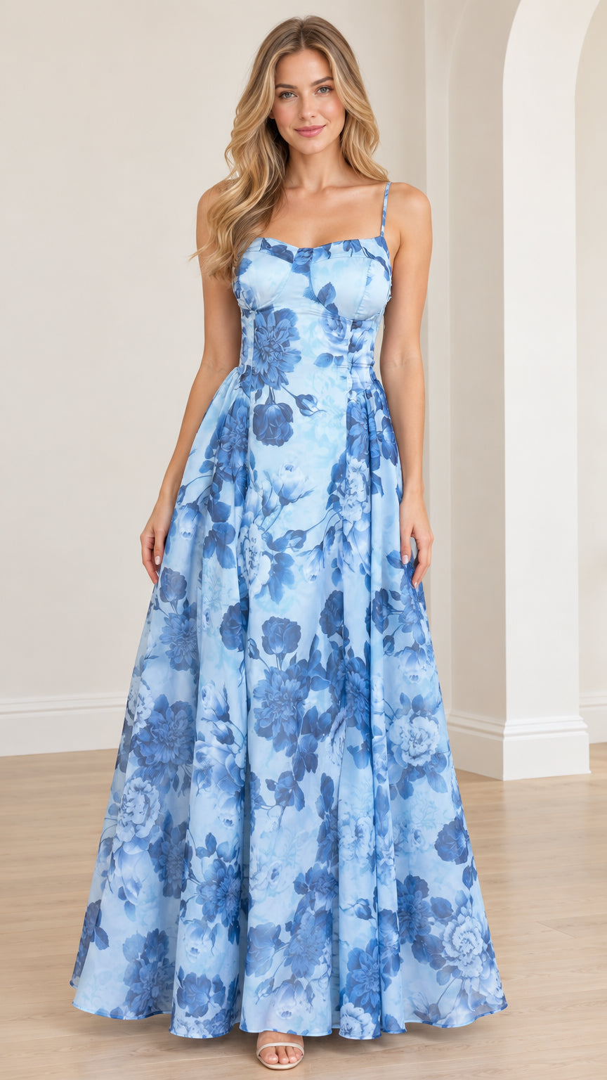 Front full view of light blue floral print lace-up corset maxi dress