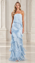Front view of model wearing a light blue strapless tiered fringe maxi evening gown