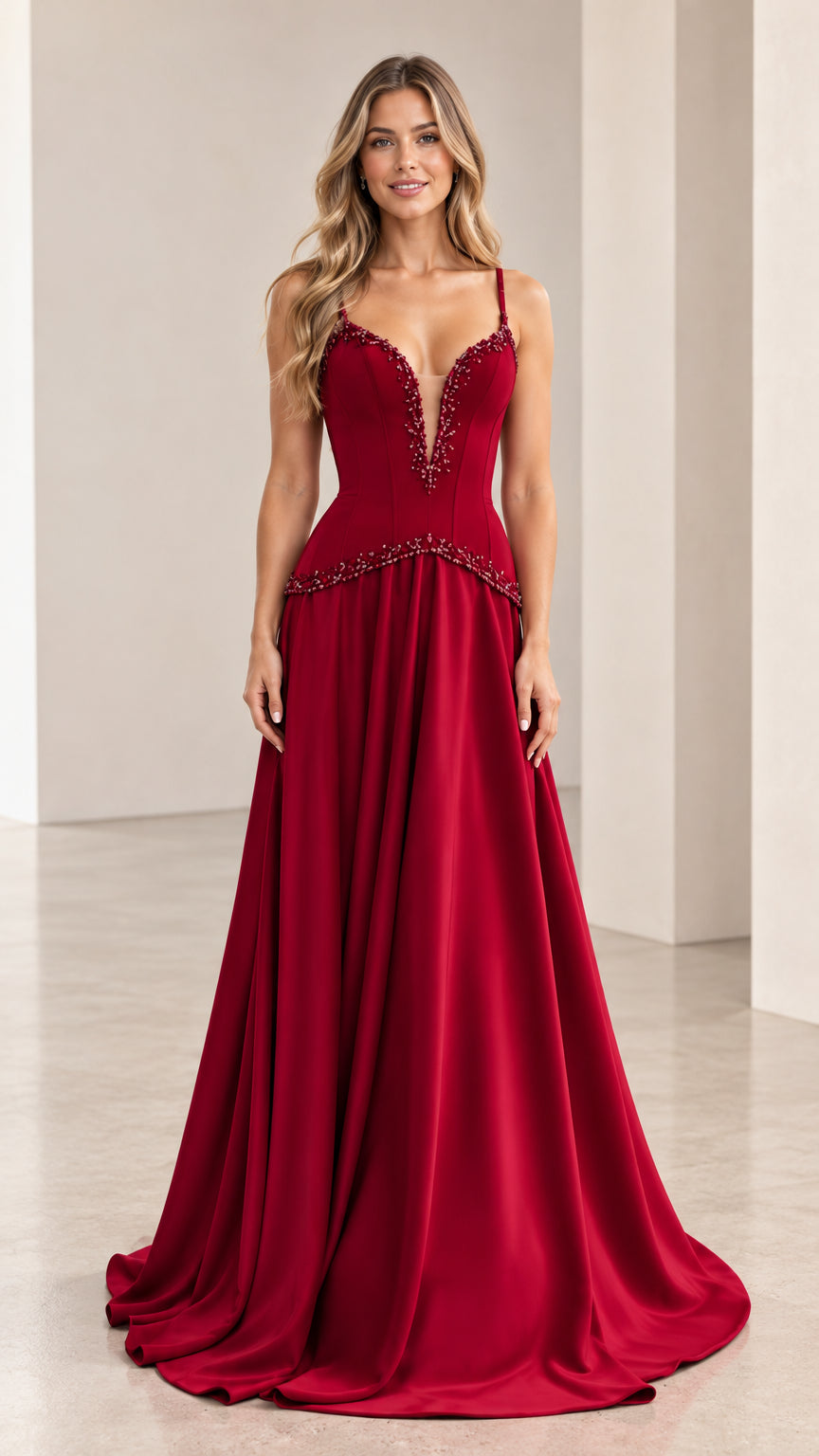 Front view of model wearing burgundy beaded plunge neckline A-line evening gown