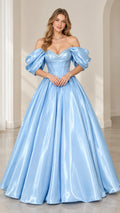 Front view of light blue off-shoulder beaded satin ball gown evening dress