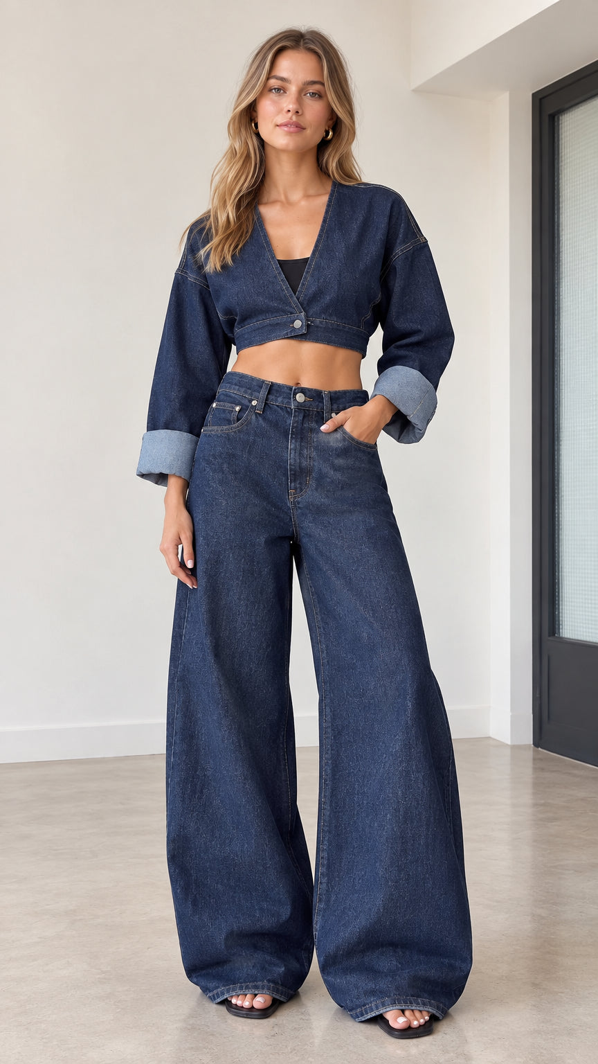 Front full-length view of model wearing dark blue cropped denim jacket and wide-leg jeans set
