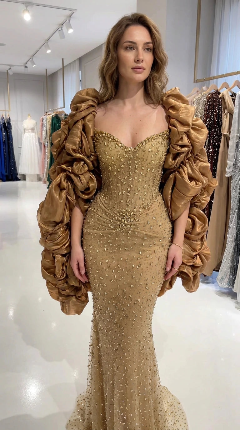 Gold sweetheart mermaid evening gown with rhinestone beading and voluminous dramatic ruffle sleeves on model front view