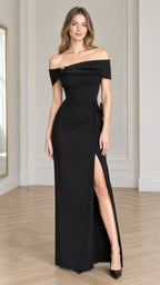 Front view of model wearing a black off-the-shoulder maxi evening dress with side slit