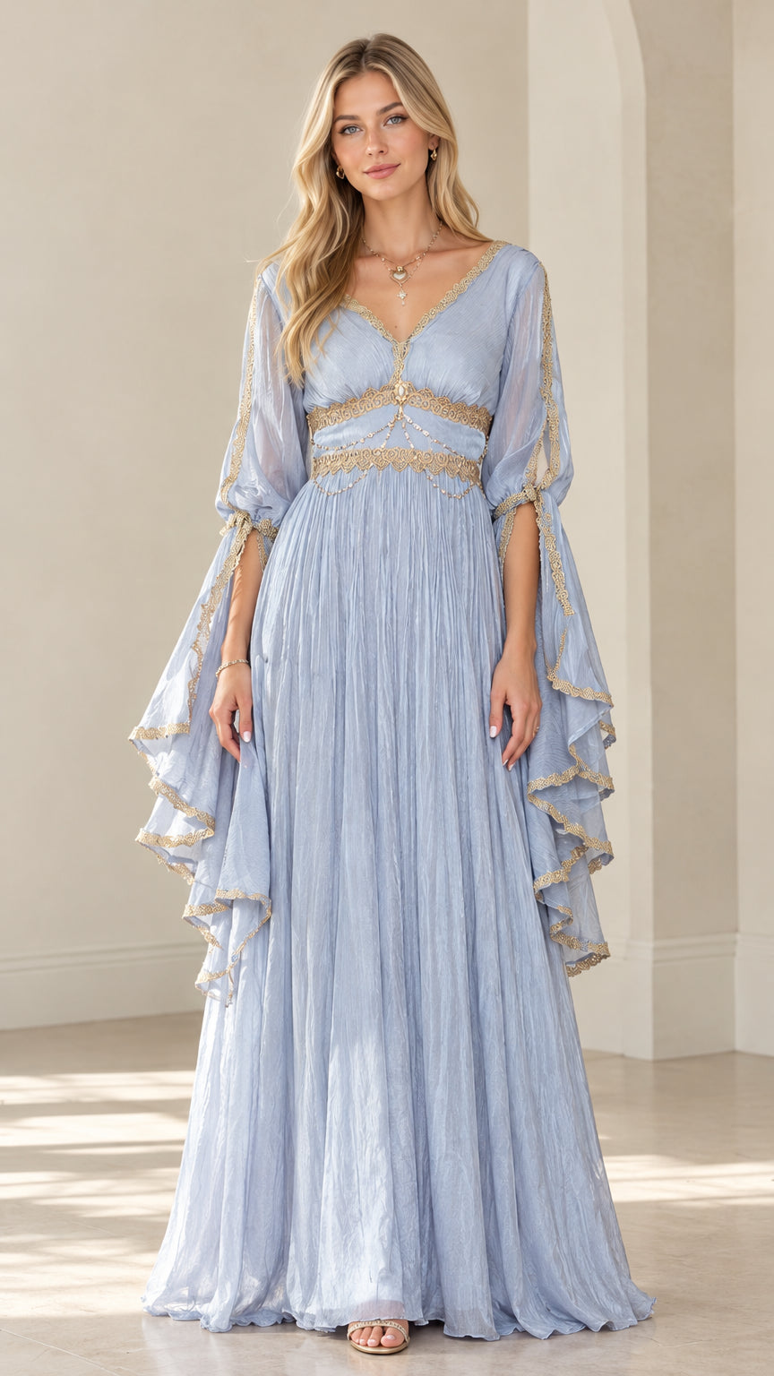 Front full-length view of woman wearing Light Blue embroidered bell-sleeve maxi dress