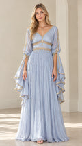Front full-length view of woman wearing Light Blue embroidered bell-sleeve maxi dress