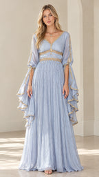 Front full-length view of woman wearing Light Blue embroidered bell-sleeve maxi dress