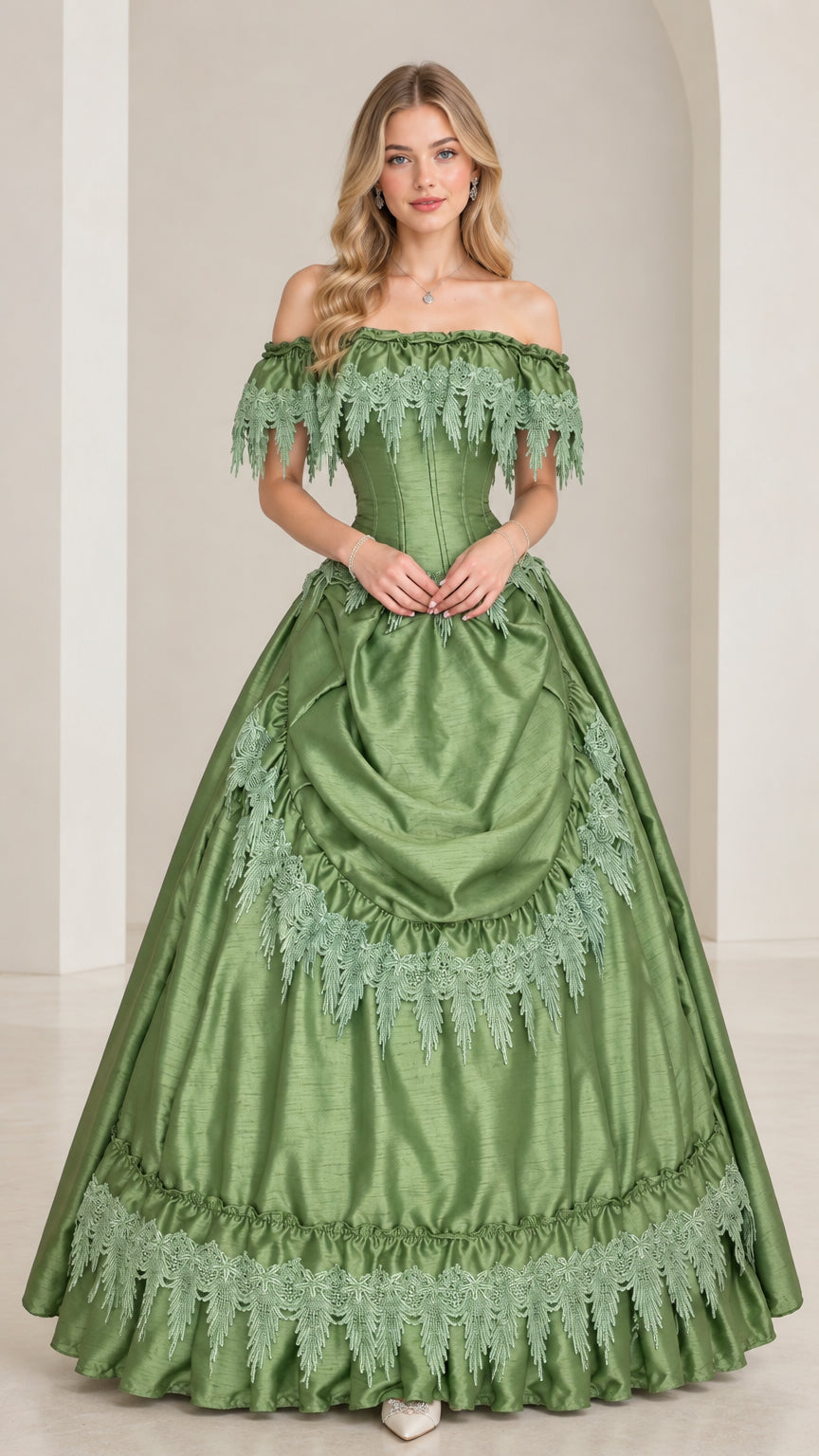 Sage green off-shoulder Victorian ball gown with corset bodice and lace trim front view